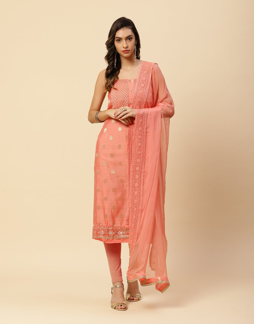 Embroidered Chanderi Suit Piece With Chiffon Dupatta