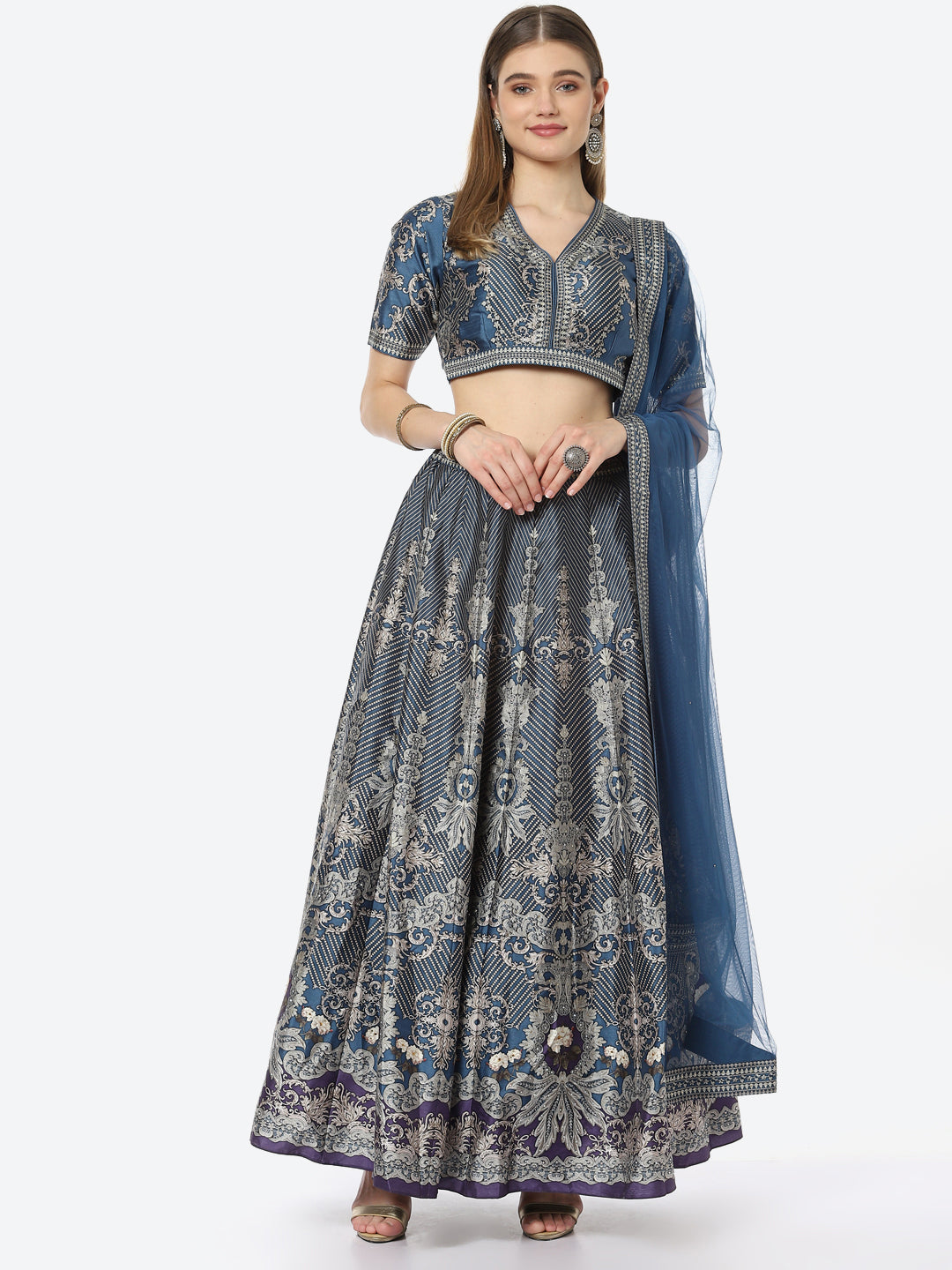 Digital Floral Printed Art Tussar Choli With Lehenga &amp; Net Dupatta