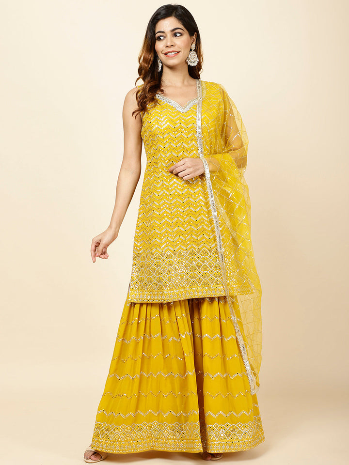 Embroidered Georgette Kurta With Garara &amp; Dupatta