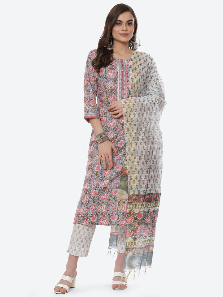 Floral Printed Cotton Kurta With Pant &amp; Cotton Dupatta