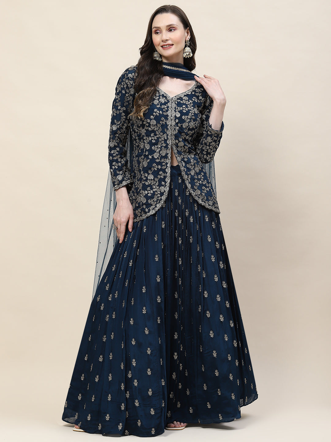 Sequin Zari Embroidered Georgette Choli With Lehenga &amp; Dupatta