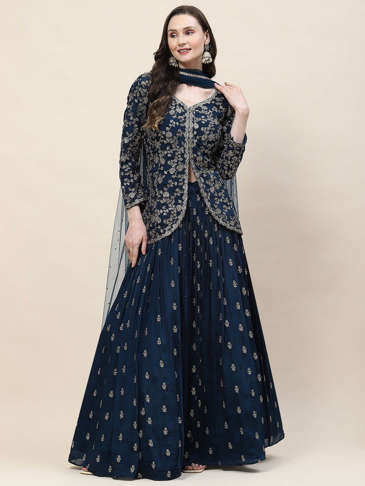 Sequin Zari Embroidered Georgette Choli With Lehenga &amp; Dupatta