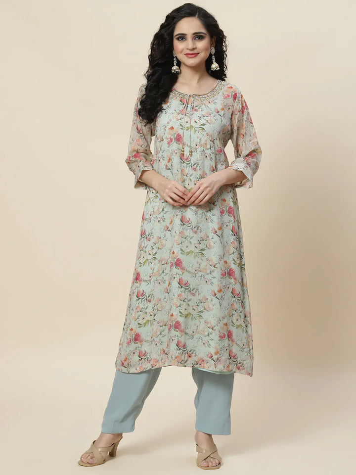Floral Printed Organza Kurta With Palazzo &amp; Inner