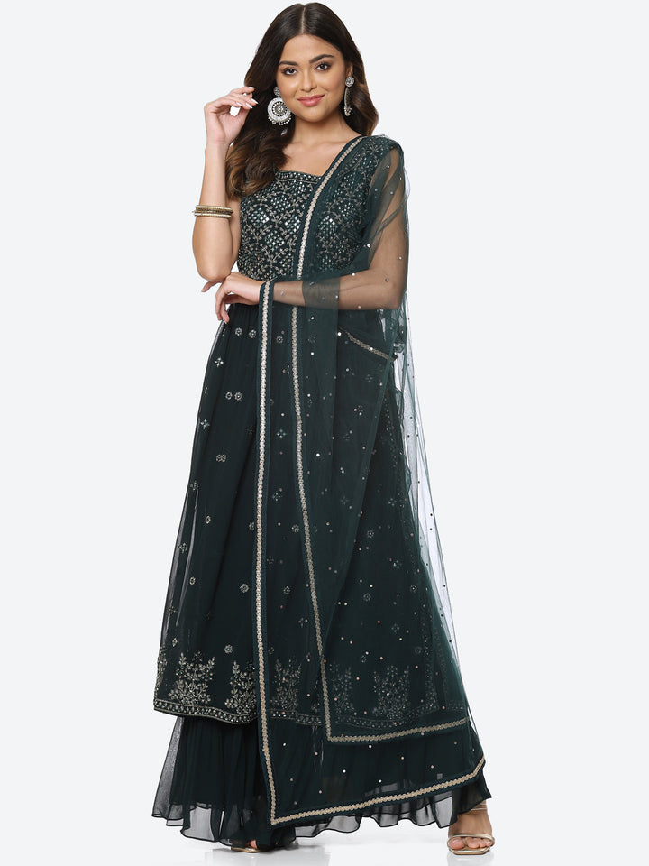 Resham Mirror Georgette Kurta With Palazzo &amp; Dupatta
