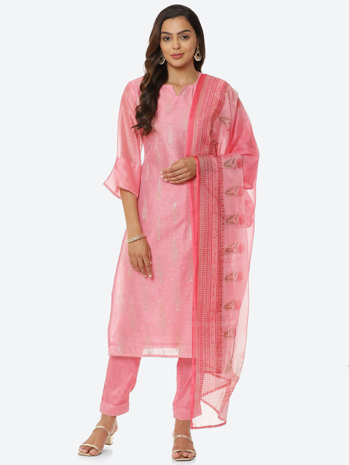 Sequin Work Chanderi Kurta With Pants &amp; Dupatta