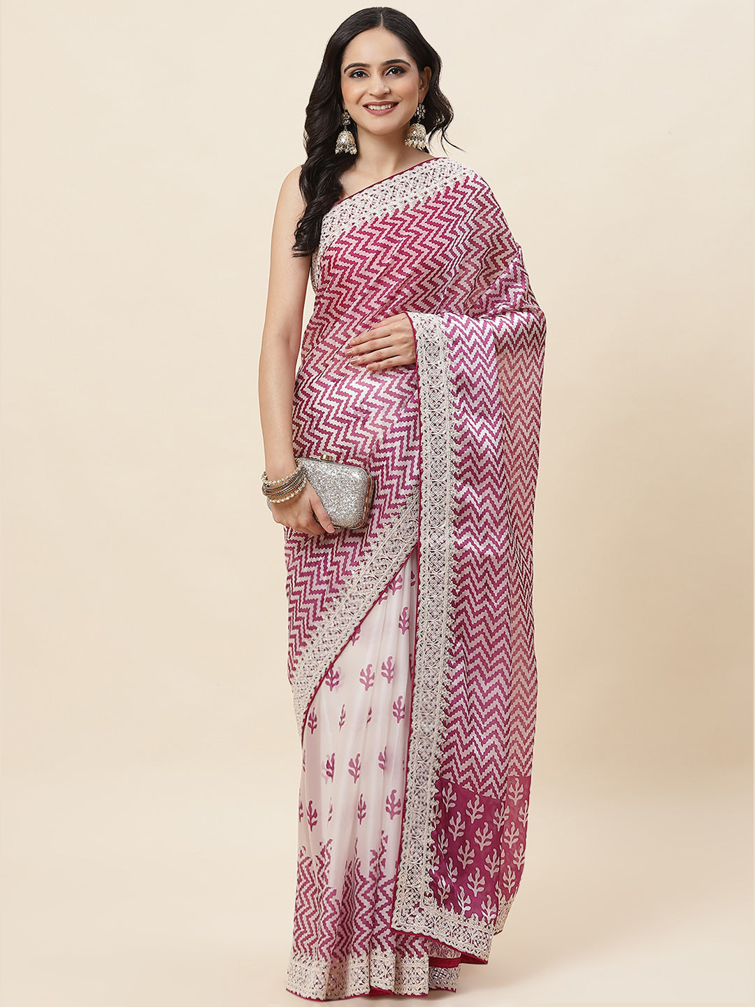 Block Printed Satin Saree - Meena bazaar