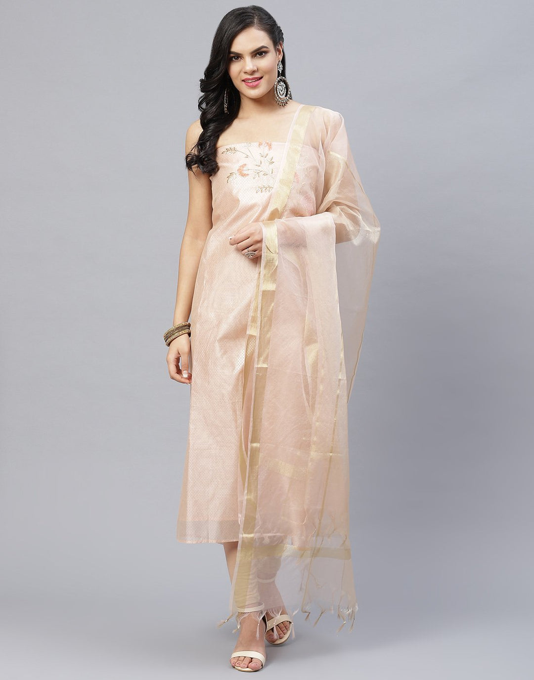 Embroidered Cotton Chanderi Suit Piece With Organza Dupatta