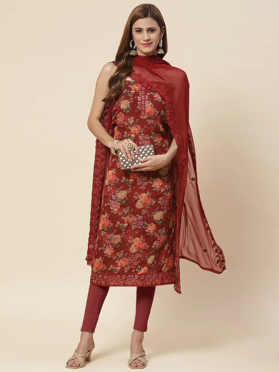 Digital Floral Printed Crepe Unstitched Suit Piece With Dupatta