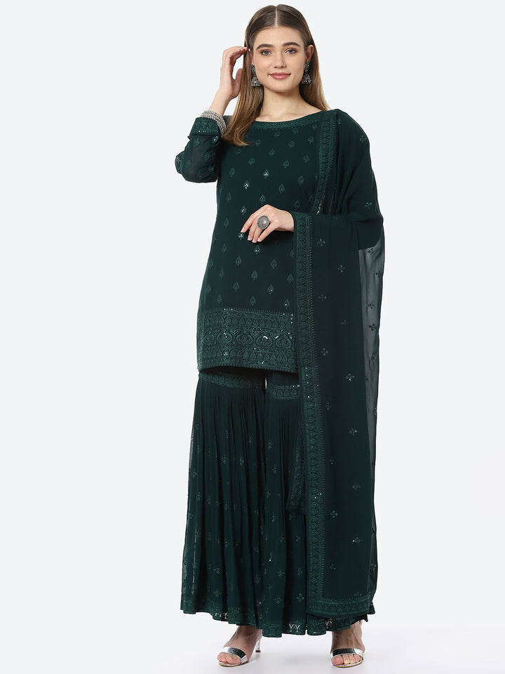 Resham Booti Georgette Kurta With Garara &amp; Georgette Dupatta