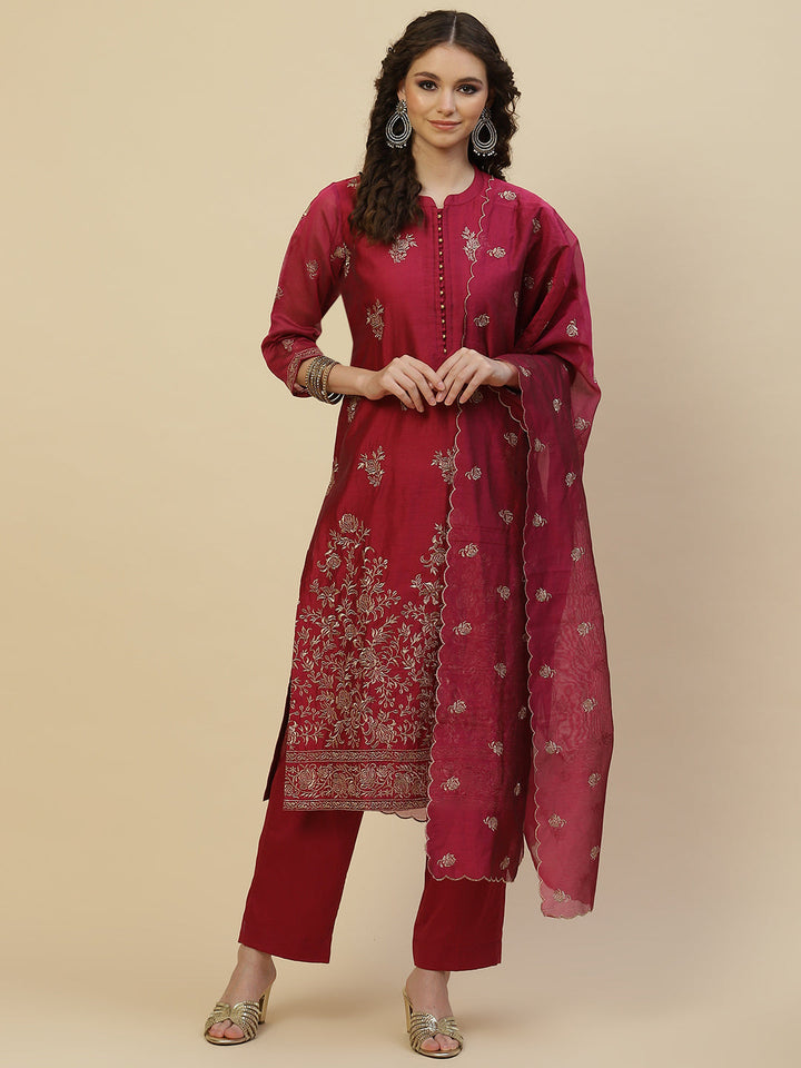 Zari Booti Cotton Kurta With Pants &amp; Dupatta