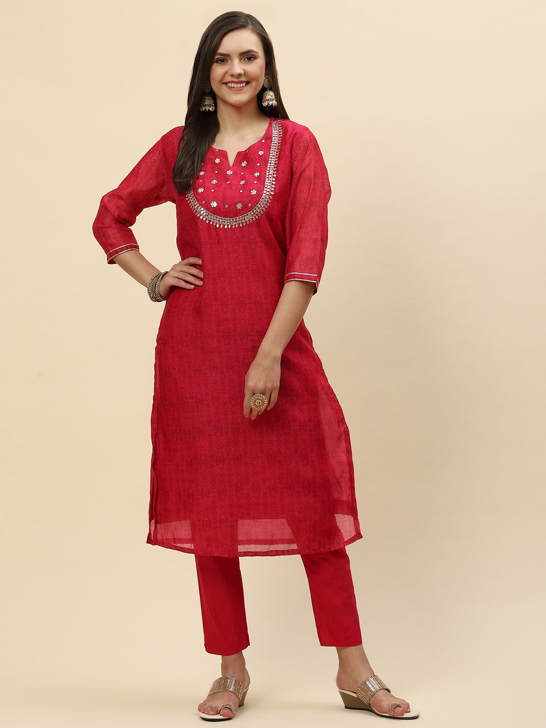 Gota Work &amp; Printed Chanderi Kurta With Pants