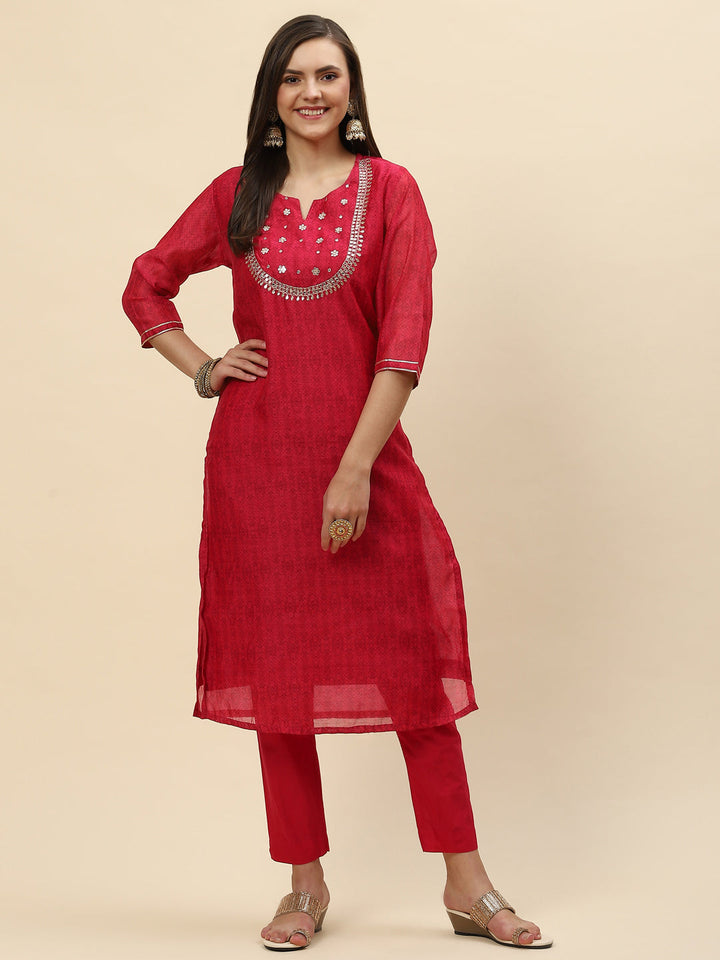 Gota Work &amp; Printed Chanderi Kurta With Pants