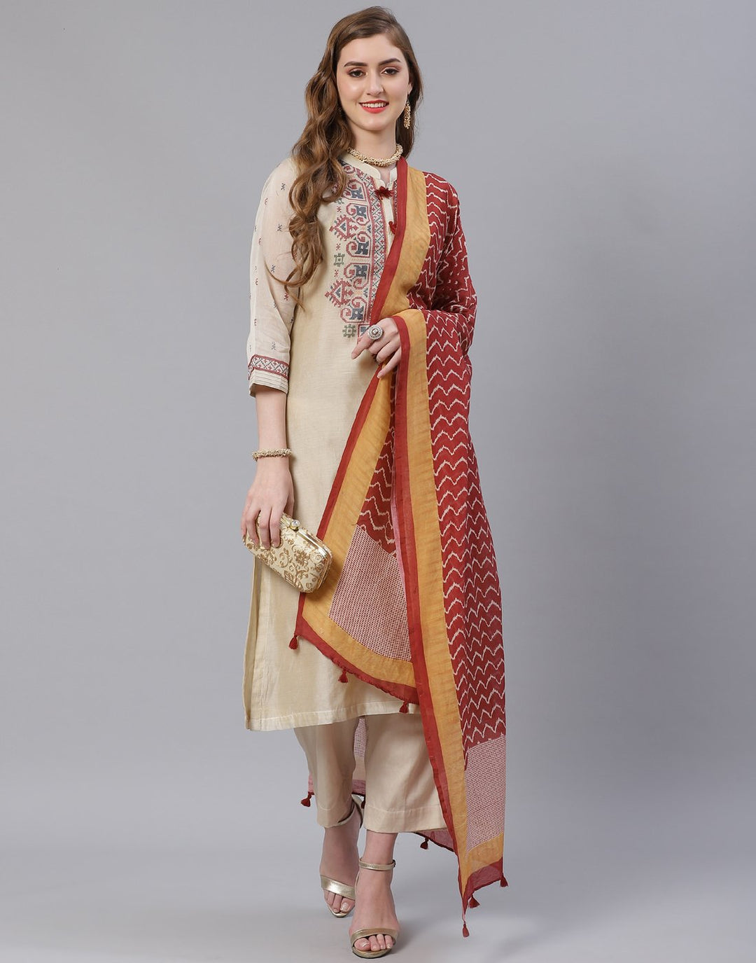 Beige and Grey Cotton Chanderi Salwar Kameez Stitched Suit