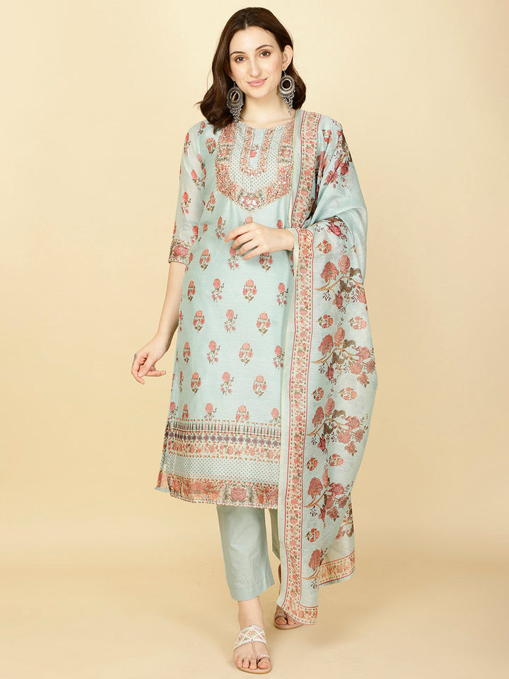 Floral Printed Chanderi Kurta With Pants &amp; Dupatta