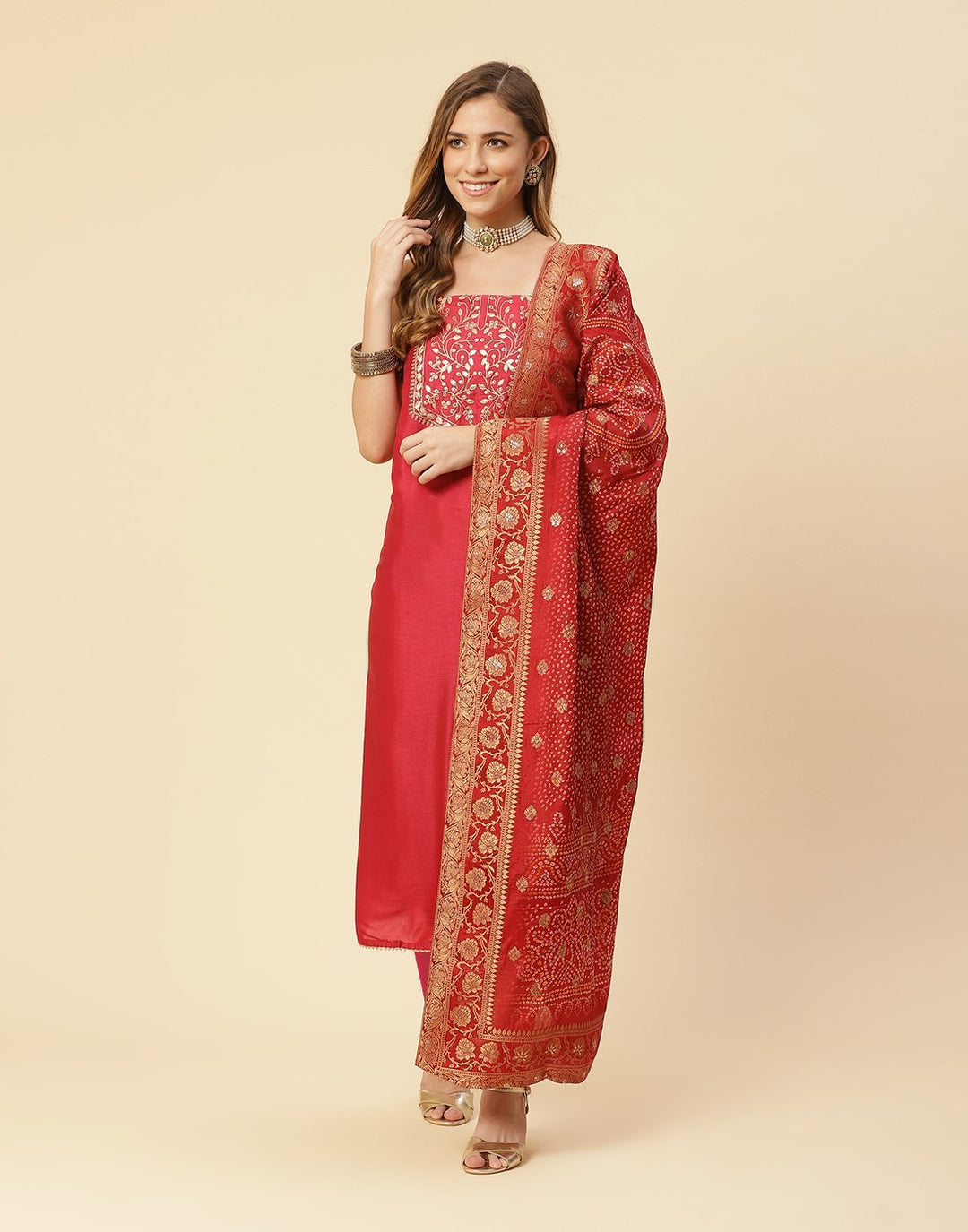Embroidered Chanderi Suit Piece With Bandhini Dupatta