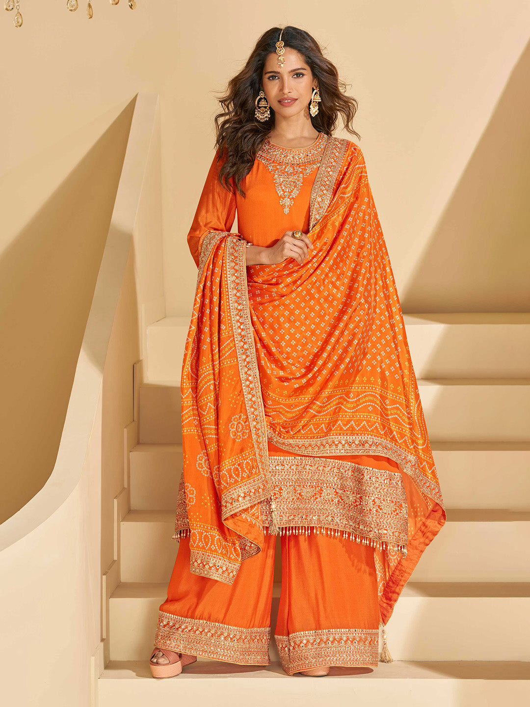 Embroidered Chinon Suit With Pant &amp; Dupatta