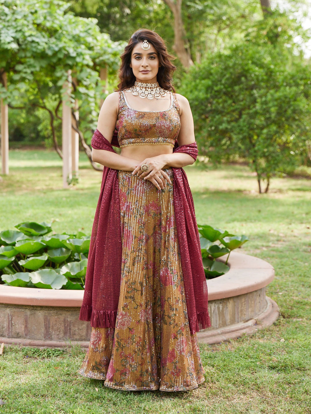 Floral Sequin Net Choli With Lehenga &amp; Net Dupatta