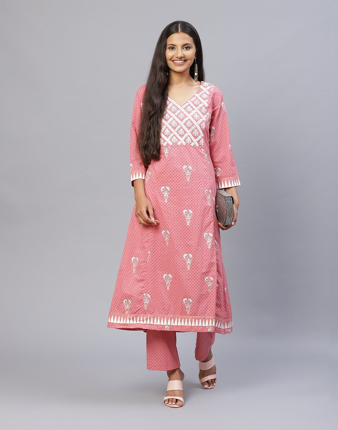 Yoke Embroidered Cotton Printed Kurti with Pant