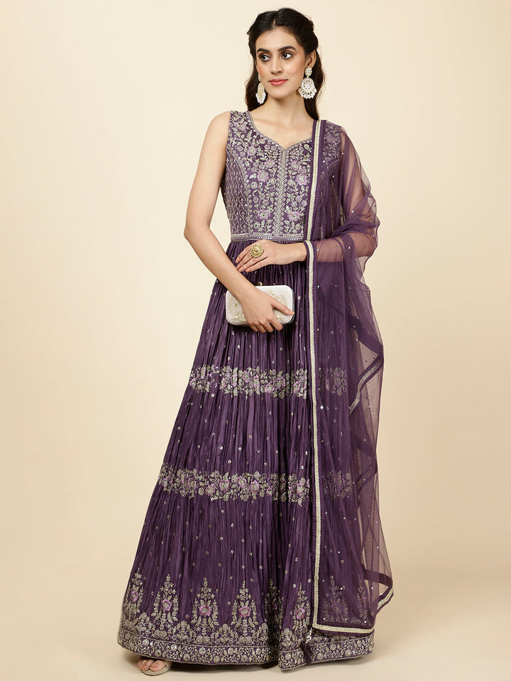 Resham Embroidered Crepe Kurta With Churidar &amp; Dupatta
