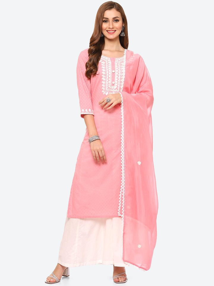 Resham Neck Embroidered Cotton Kurta With Sharara &amp; Dupatta