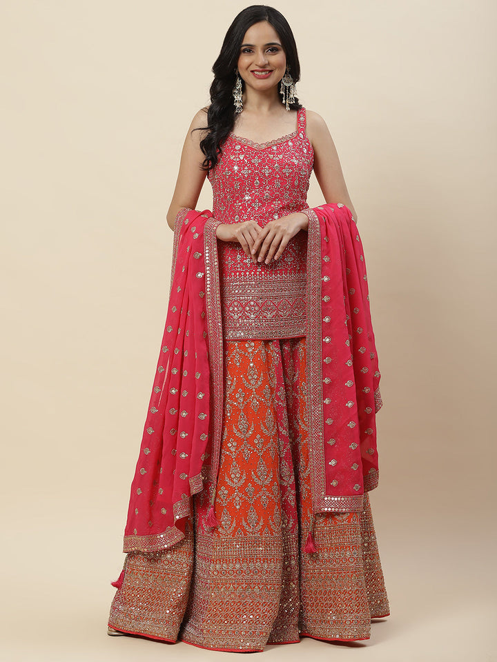 Zari Jaal Embroidered Georgette Kurti With Lehenga &amp; Dupatta