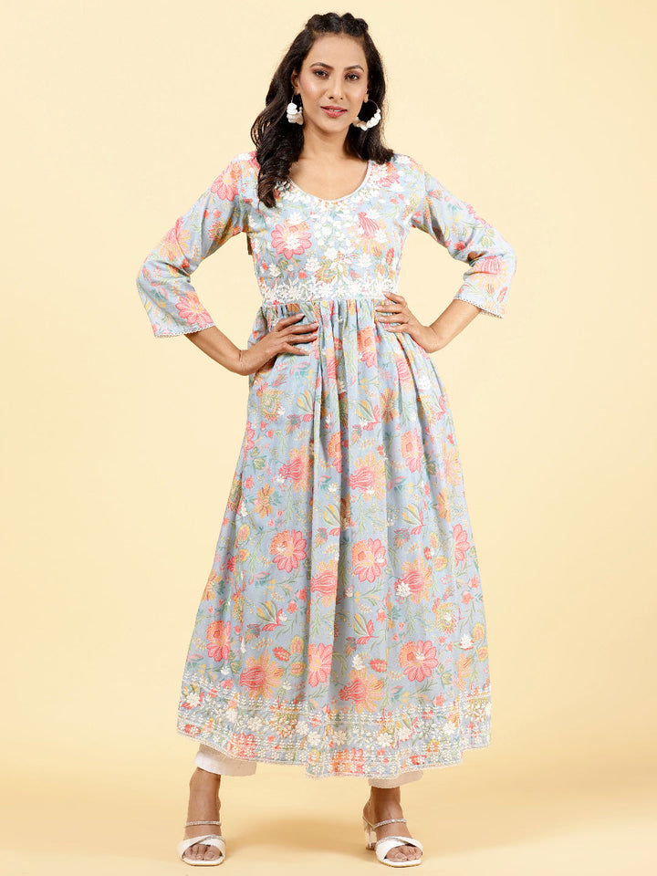 Floral Printed &amp; Neck Embroidered Cotton Kurta