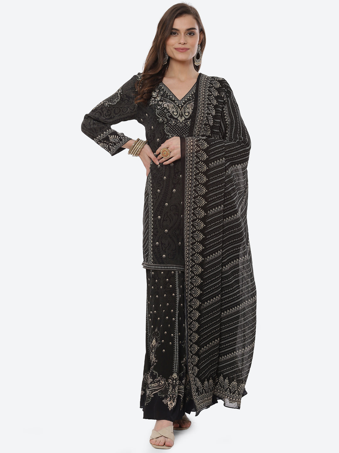 Digital Printed Crepe Kurta With Sharara &amp; Georgette Dupatta