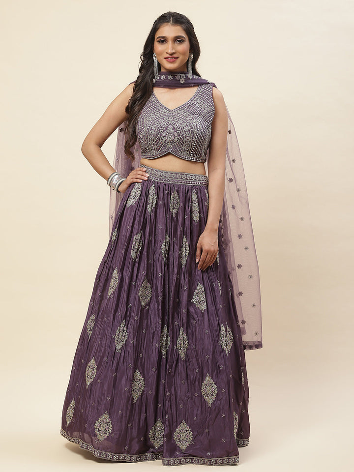 All Over Embroidered Crepe Choli With Lehenga &amp; Dupatta