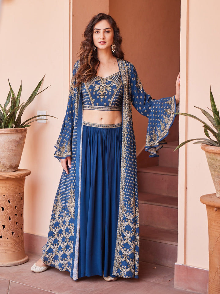 Digital Printed Crepe Kurti With Sharara &amp; Georgette Jacket