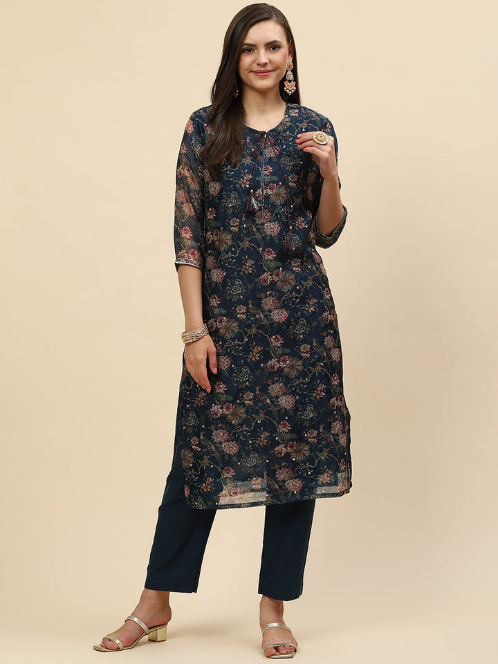Floral Printed Chanderi Kurta With Pants