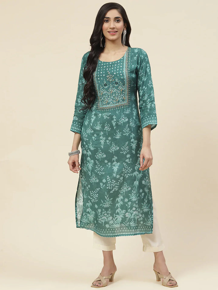 Printed With Yoke Embroidered Muslin Kurta