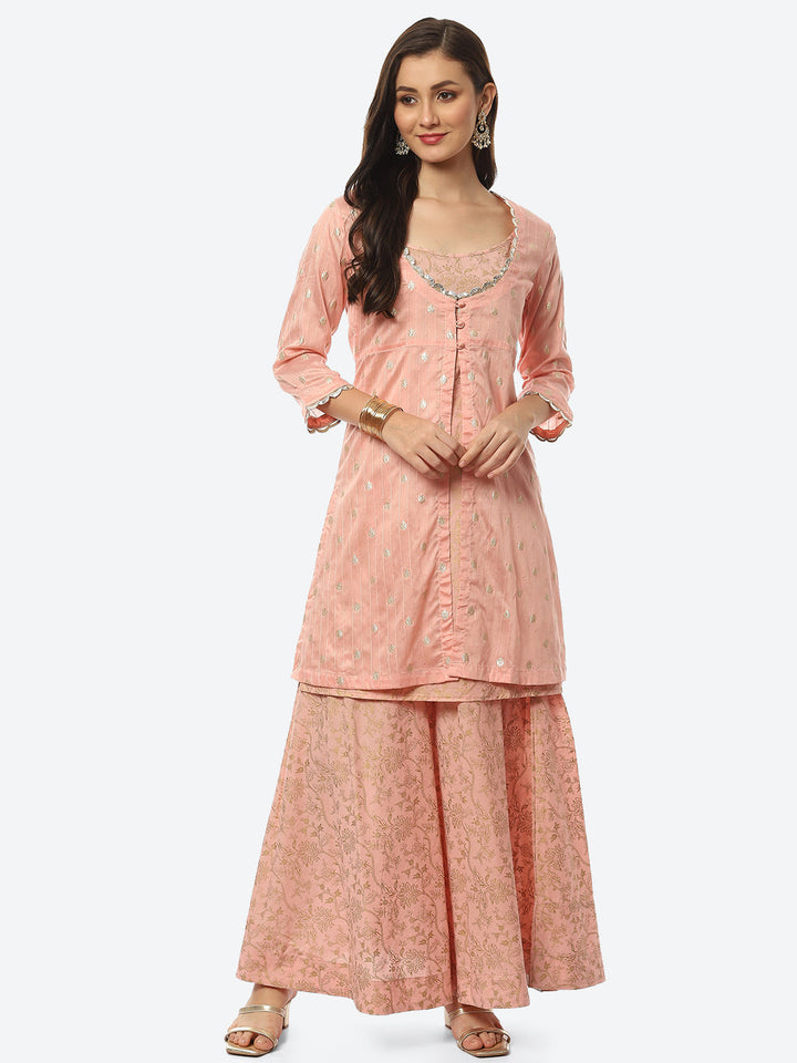 Printed Chanderi Kurta With Skirt &amp; Jacket