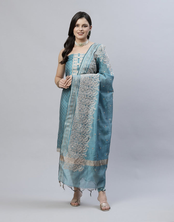 Printed Chanderi Suit Piece With Embroidered Yoke And Dupatta