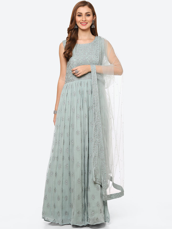 Resham Booti Georgette Anarkali Kurta With Churidar &amp; Net Dupatta