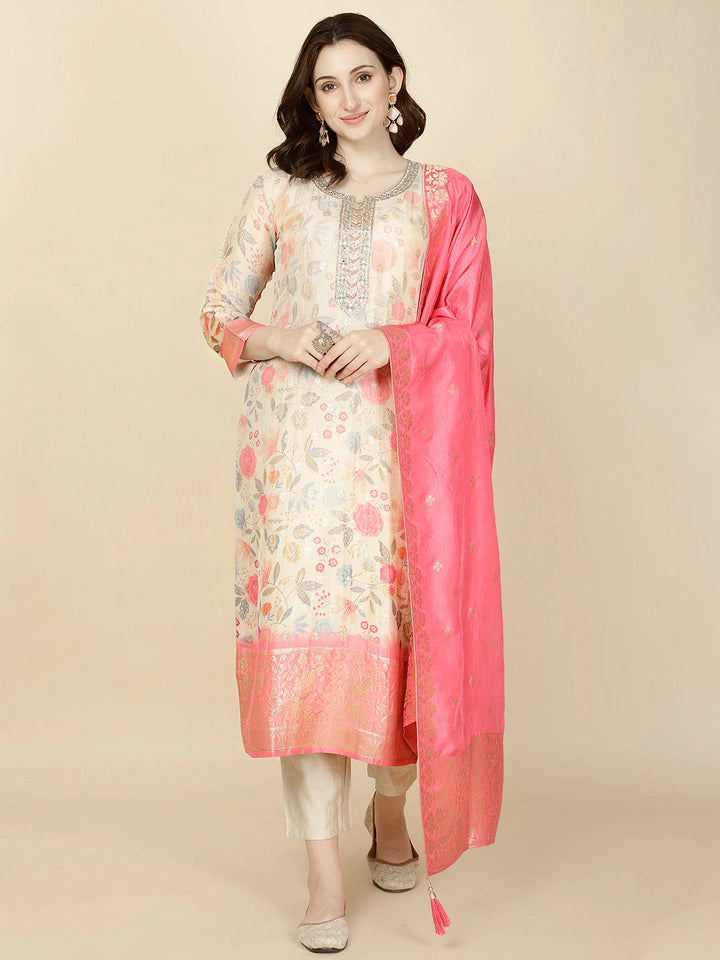 Floral Printed &amp; Woven Organza Kurta With Pants &amp; Dupatta