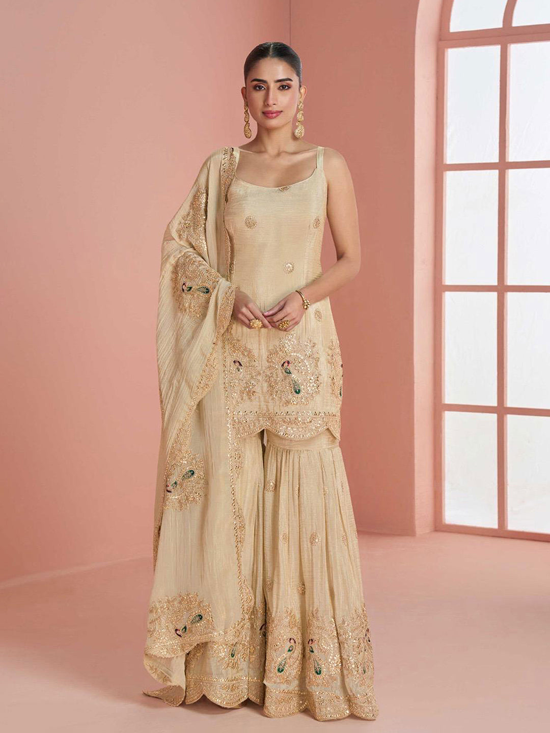 Embroidered Chinnon Silk Kurti With Gharara &amp; Dupatta