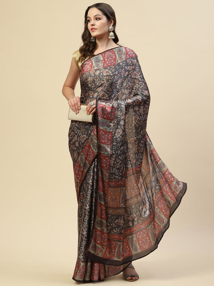 Floral Printed Satin Saree
