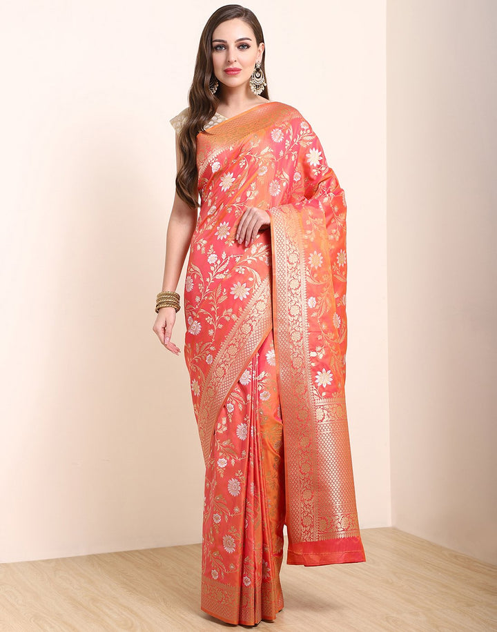 MBZ Meena Bazaar-Orange Banarasi Art Handloom Saree