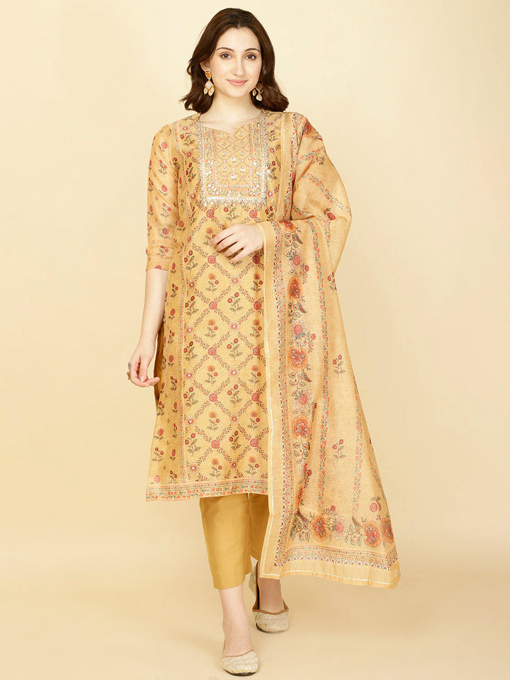 Floral Printed Chanderi Kurta With Pants &amp; Dupatta