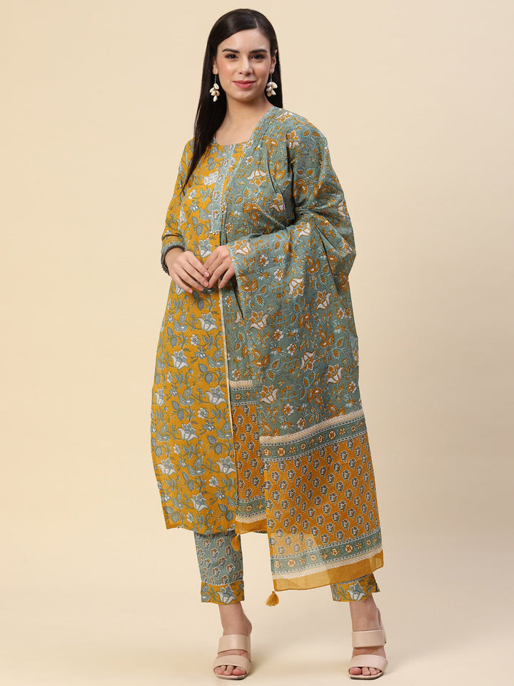 Block Printed Cotton Kurta With Pants &amp; Dupatta