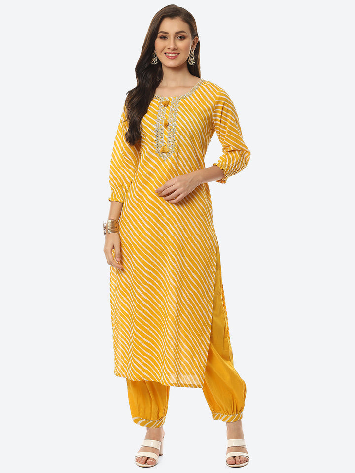 Printed Neck Embroidered Cotton Kurta With Pant