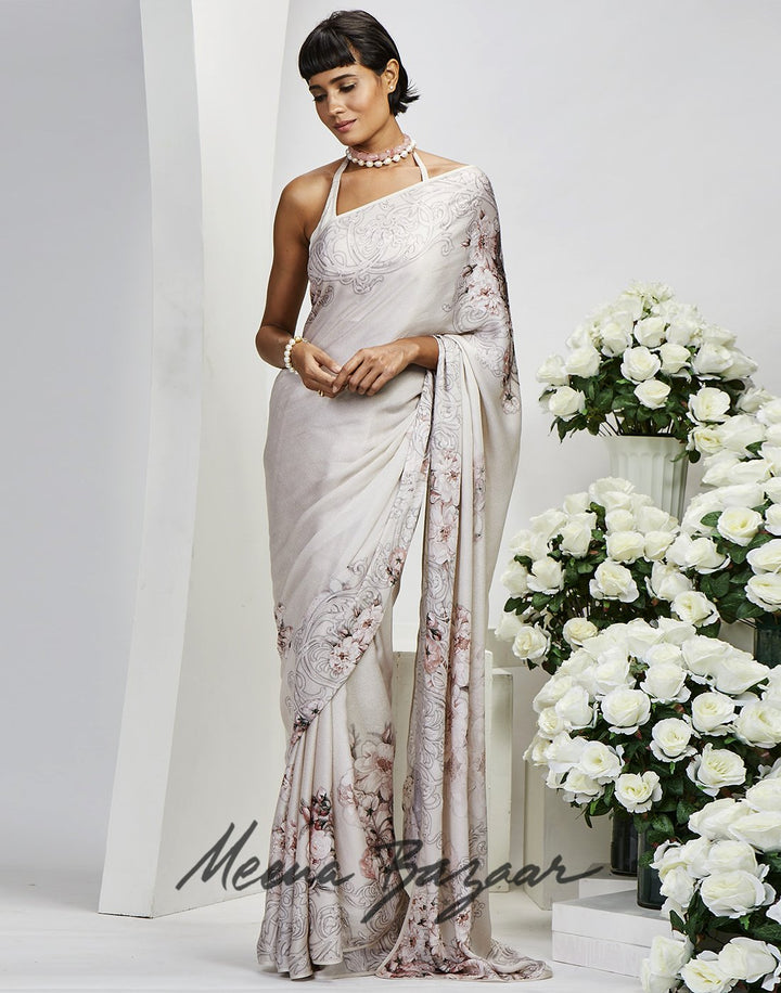 Cream Satin Printed Saree