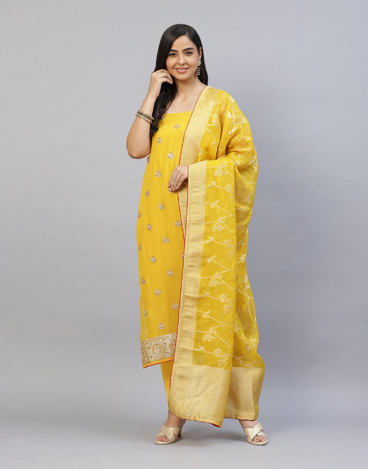 Embroidered Georgette Suit Piece With Banarasi Dupatta