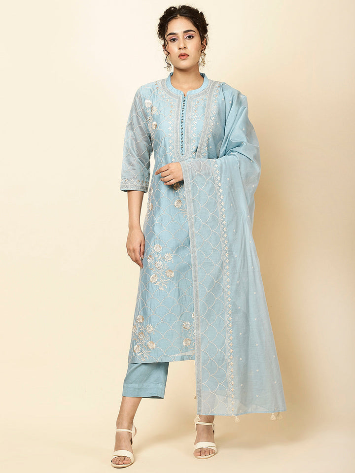 Embroidered Chanderi Kurta With Pants &amp; Dupatta