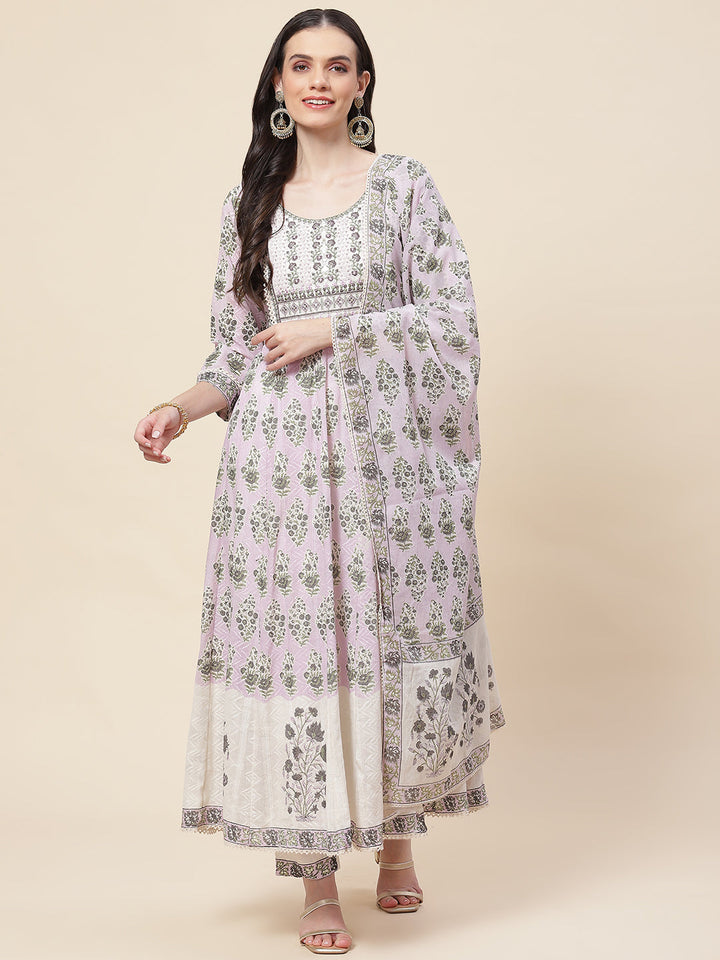 Floral Printed Cotton Kurta With Pants &amp; Dupatta
