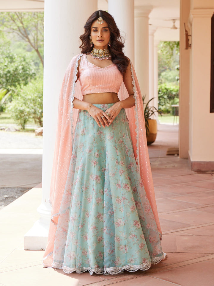 Floral Printed Organza Choli With Lehenga &amp; Georgette Dupatta