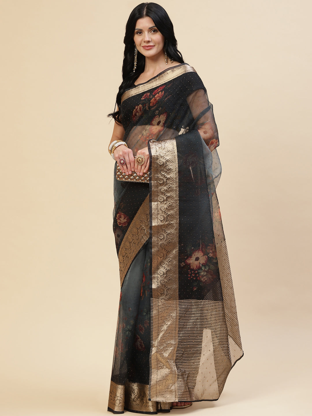 Digital Floral Stone Satin Printed Saree
