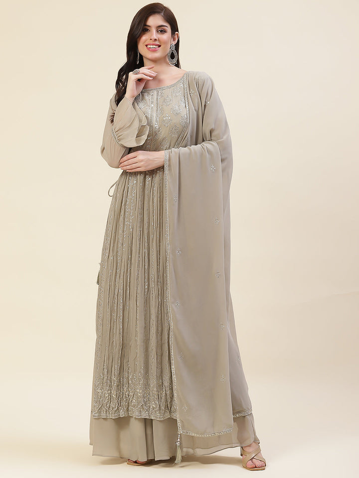 Sequin Embroidered Booti Georgette Kurta With Palazzo &amp; Dupatta