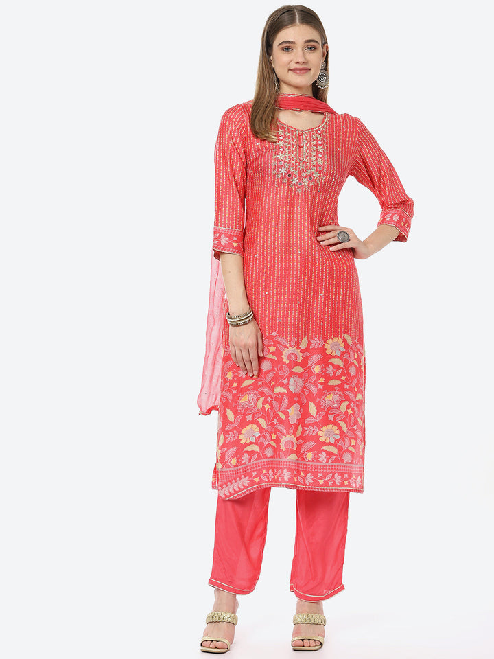 Mirror Work &amp; Printed Muslin Kurta With Pant &amp; Chiffon Dupatta