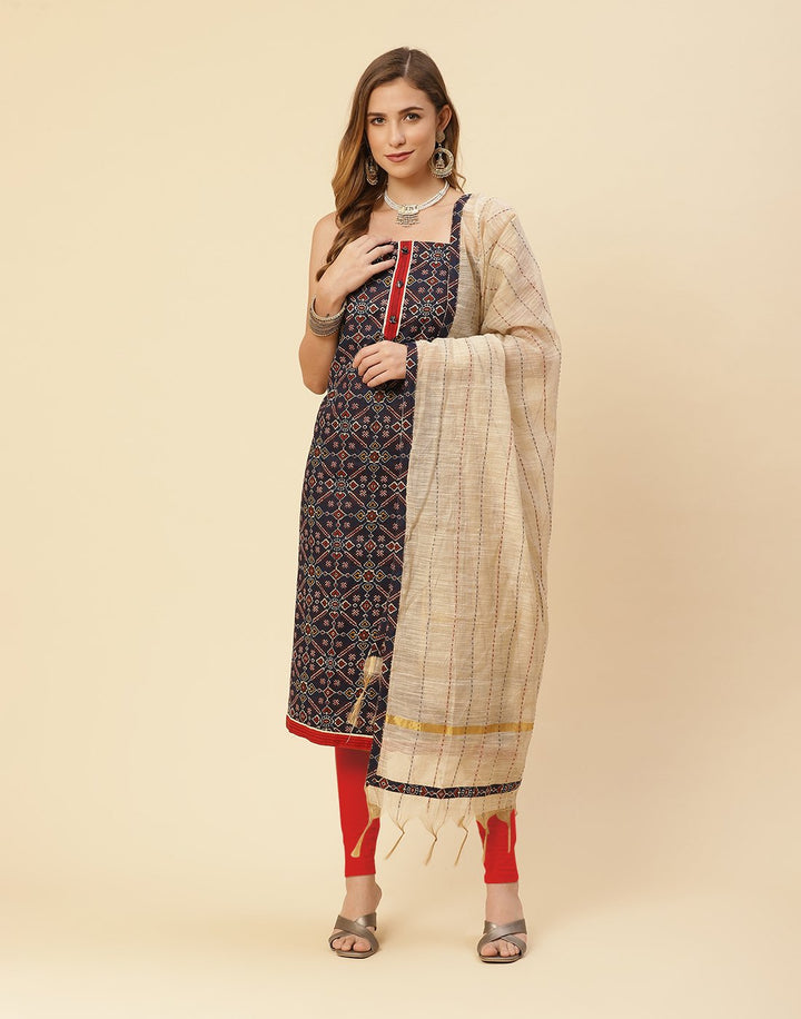 Printed Cotton Suit Piece With Kantha Work